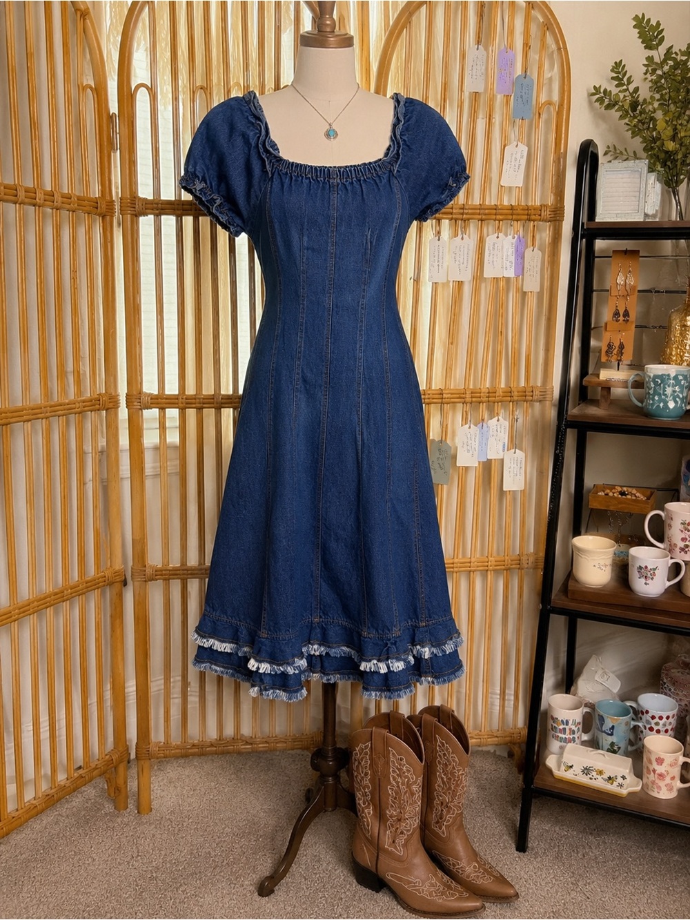 Me and You Y2K Dark Blue Denim Puff-Sleeve Midi Dress